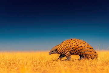 Obraz premium A pangolin strolls through the dry grassland under a clear blue sky, showcasing its distinctive scaly armor in its natural African habitat.