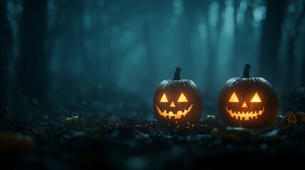 Naklejka premium Glowing jack-o'-lanterns illuminate a misty forest, creating a spooky Halloween atmosphere perfect for seasonal projects.