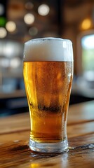 Pouring Golden Beer into Glass on Wooden Table in Bar or Pub Setting