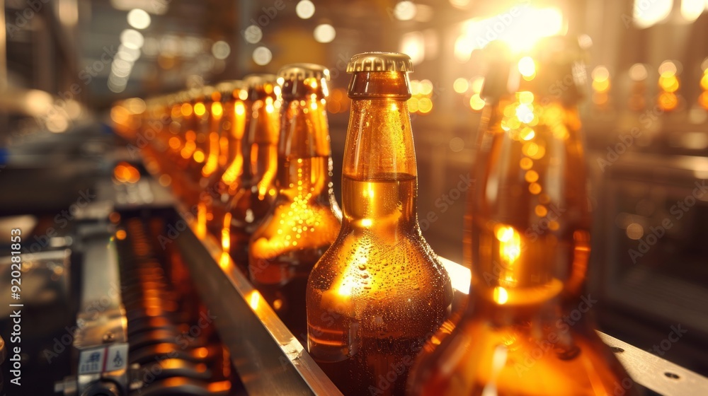Poster a row of beer bottles are being produced in a factory