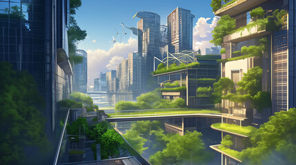 Obraz premium Panorama of the city skyline featuring skyscrapers, downtown buildings, and green parks with a view of the river