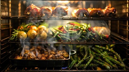 Roasting: Uses dry, indirect heat in an oven to cook food uncovered, resulting in a crispy, browned surface and deepened flavors. Perfect for roasting meats and vegetables.
