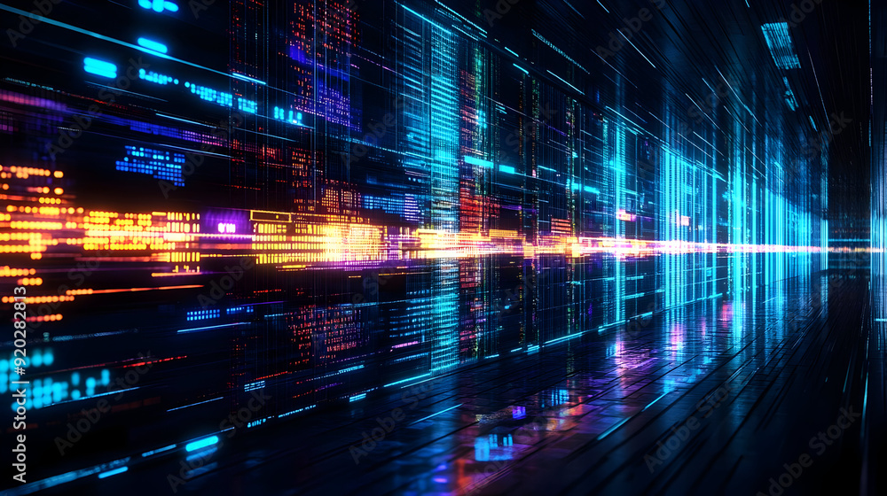 Poster A futuristic digital corridor with glowing data streams and reflections.