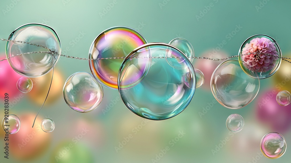 Poster a group of soap bubbles dangling from a string, featuring a pink flower surrounded by the bubbles ab