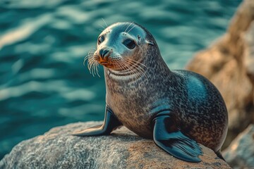 Fototapeta premium Seal on rocks by ocean