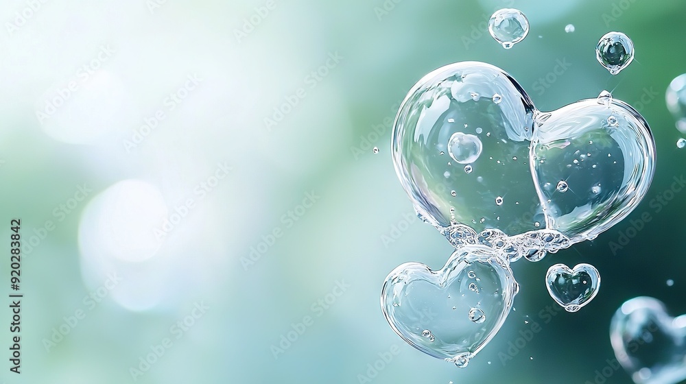 Poster a heart-shaped cluster of bubbles on a green backdrop with a bokeh of bubble shapes identical to the