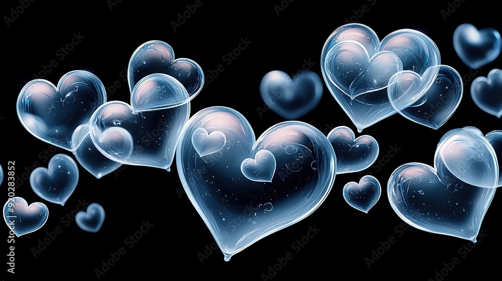 Wall mural hearts float on a black background, bubbling into heart shapes