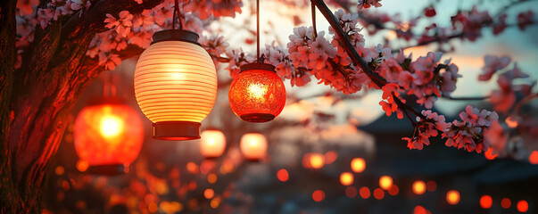 Japanese Cherry Blossom Tree with Red Lanterns Illustration