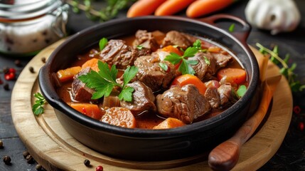 Fototapeta premium Braising: Sear meat first, then slow-cook in liquid for a tender outcome. This method uses both dry and moist heat, making it ideal for tough cuts of meat. 