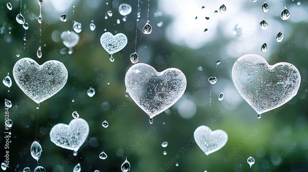 Poster a string of heart-shaped ornaments dangled from a window, framing a lush green forest dripping with 