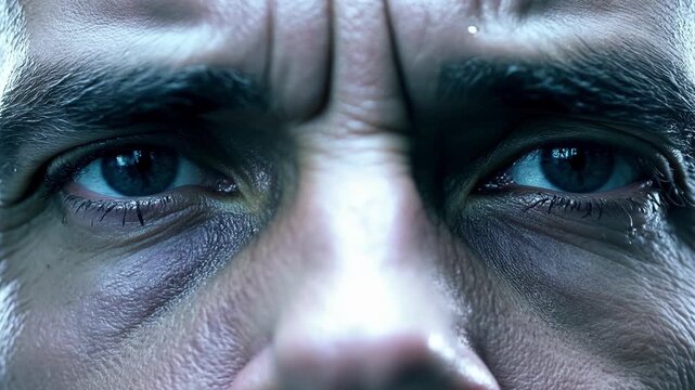 Tired construction worker with blue eyes shows exhaustion after hard day's work. Wrinkles tell story of labor in gritty world of manual work