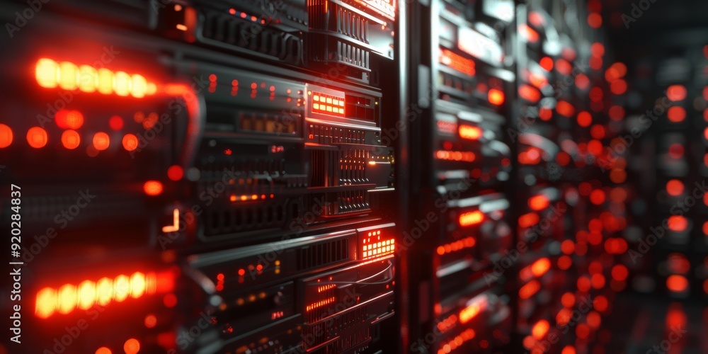 Poster a vibrant and dynamic server room that showcases advanced storage technology along with glowing indi