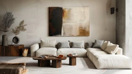 Scandinavian living room with conversation pit, circular fireplace, wood flooring, 
