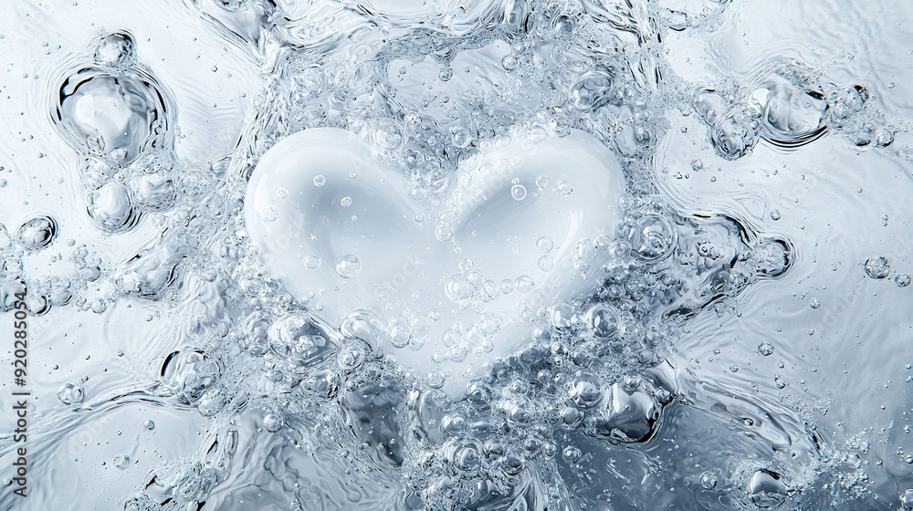 Poster heart-shaped object floating on water surface with bubbles all around