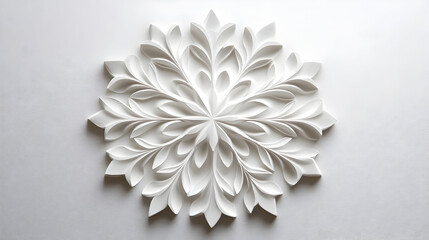 A decorative paper art piece featuring intricate leaf patterns arranged in a circular design.