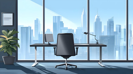 A modern office space with a view of a city skyline, featuring a desk and chair.