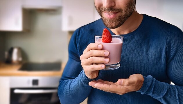primer plano de una persona tomando un vaso de yogurt de frutilla