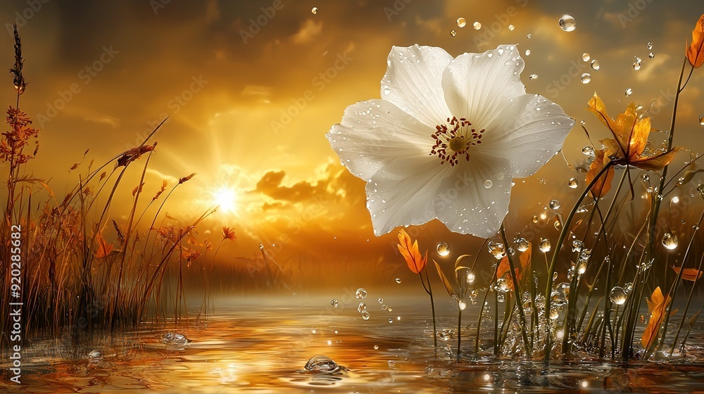 Poster an image shows a white flower floating in the center of a tranquil lake at dusk the background is a 