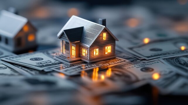 Miniature cityscape with glowing lights, showcasing tiny houses on a foundation of dollar bills.