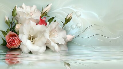   A white and red bouquet floating on water against a green backdrop
