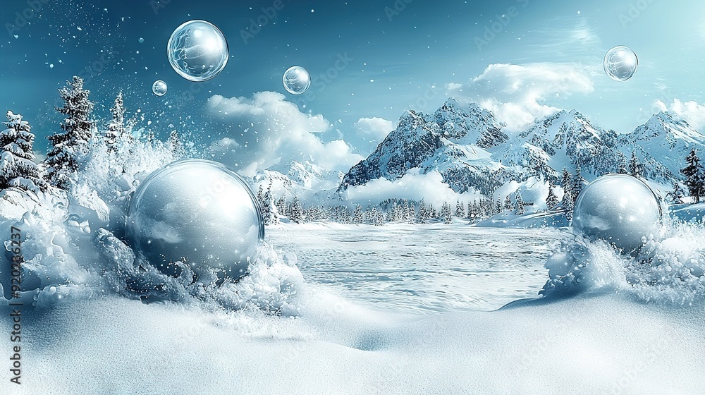 Poster winter scenery featuring soapy bubbles floating and snow-laden trees in foreground, while snow-cappe
