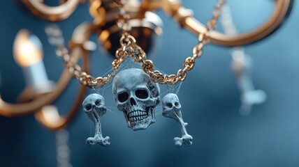 Chandelier with skulls and bones, representing Halloween.