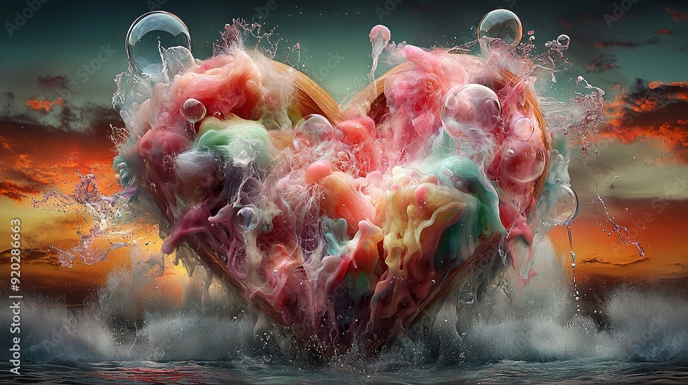 Poster a heart-shaped object floating in a body of water with a sunset in the background and clouds in the 