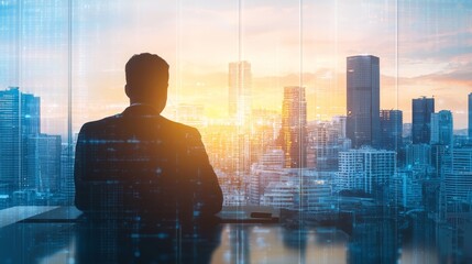 Silhouette of a businessman overlooking a city skyline at sunset, representing ambition and future possibilities.
