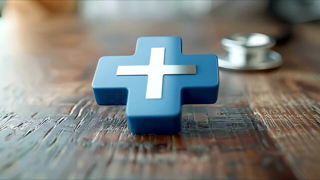A blue plus sign on a wooden table, representing healthcare, medicine, and well-being.