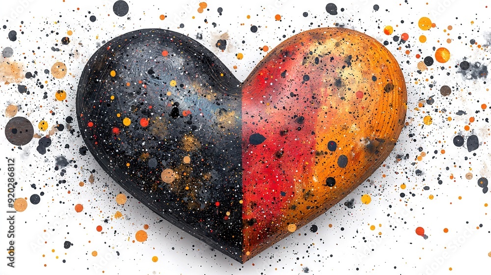 Poster a heart-shaped object splashed with vibrant paint on both sides is depicted in this image