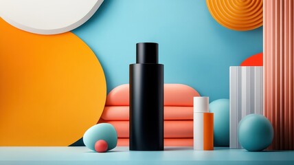 Cylindrical onyx podium displaying colorful cosmetics against geometric patterns.
