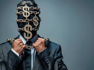 Businessman with chains made of dollar signs, corporate debt, financial bondage