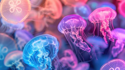 Obraz premium Bright jellyfish float elegantly in a colorful underwater habitat, creating a mesmerizing display of marine life