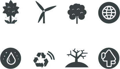 A clean vector icon set including a green energy, nature conservation, carbon footprint, and sustainability