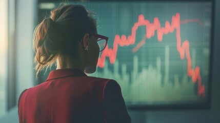 Businesswoman looking at declining revenue chart, business decline, debt consequence