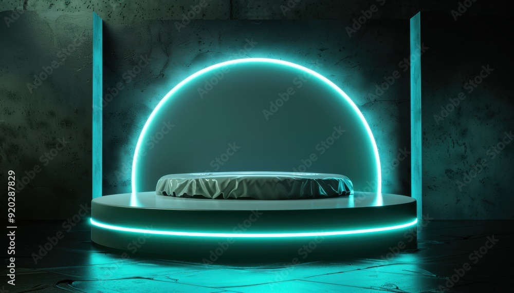 Poster modern circular platform illuminated with neon lights in a minimalist urban setting
