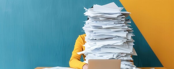 Person sitting at a desk with a mountain of paperwork, debt management, overwhelming tasks