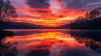 Obraz premium Stunning Sunrise Reflection on a Tranquil Lake