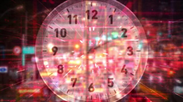A large, modern metropolis, clock and rapidly passing time