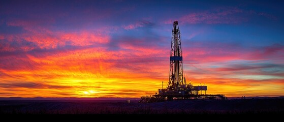 Fototapeta premium Majestic Oil Drilling Rig Silhouetted Against Vibrant Sunset Sky