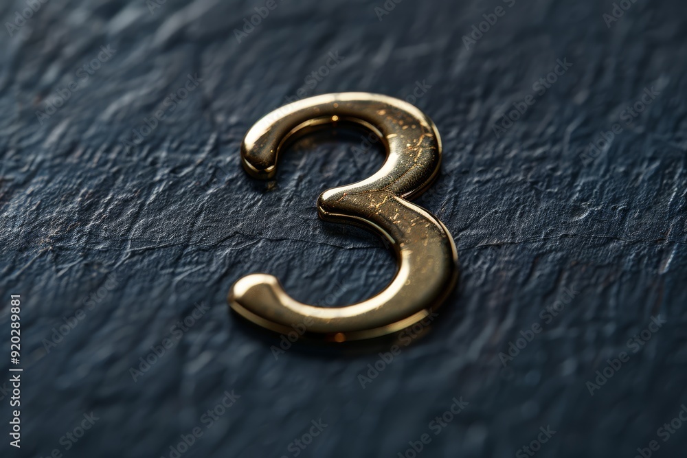 Poster a detailed closeup of a shiny gold number three resting on a dark, textured surface that is ideal fo