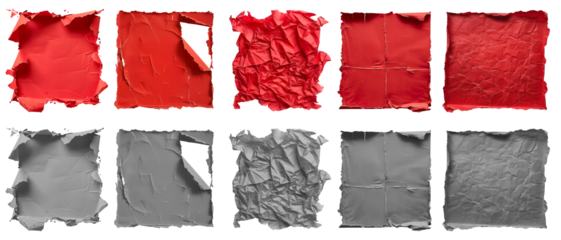 Collection set of red maroon grey gray crushed wrinkle scrunch torn square paper old tear crumple rip edges on transparent cutout PNG. Many different design. Mockup template artwork