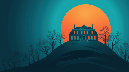 Haunted mansion on a hill, full moon backdrop, flat design illustration