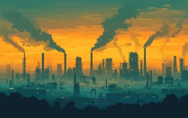 Obraz premium Urban Cityscape with Heavy Smog and Industrial Pollution Cartoon Illustration