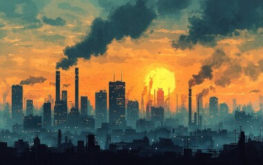Fototapeta premium Toxic Cityscape: Cartoon Illustration of Urban Area with Severe Smog and Industrial Pollution