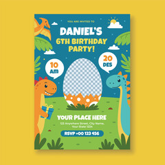 Dinosaur birthday invitation party template with dinosaur egg shaped empty space for your image