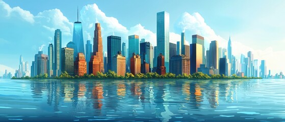 Naklejka premium Climate Crisis in Cartoon City: Melting Buildings and Rising Waters