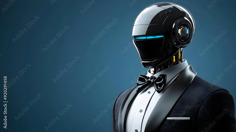 Poster a futuristic robot in a tuxedo, blending elegance with technology.