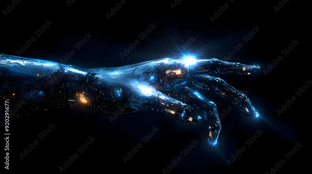 Poster futuristic robotic hand with glowing circuits, symbolizing advanced technology and innovation.