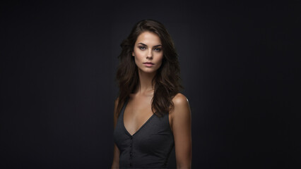 Fototapeta premium Captivating portrait of a young, beautiful brunette woman with flawless skin and natural makeup. Studio shot showcasing her radiant complexion and effortless style